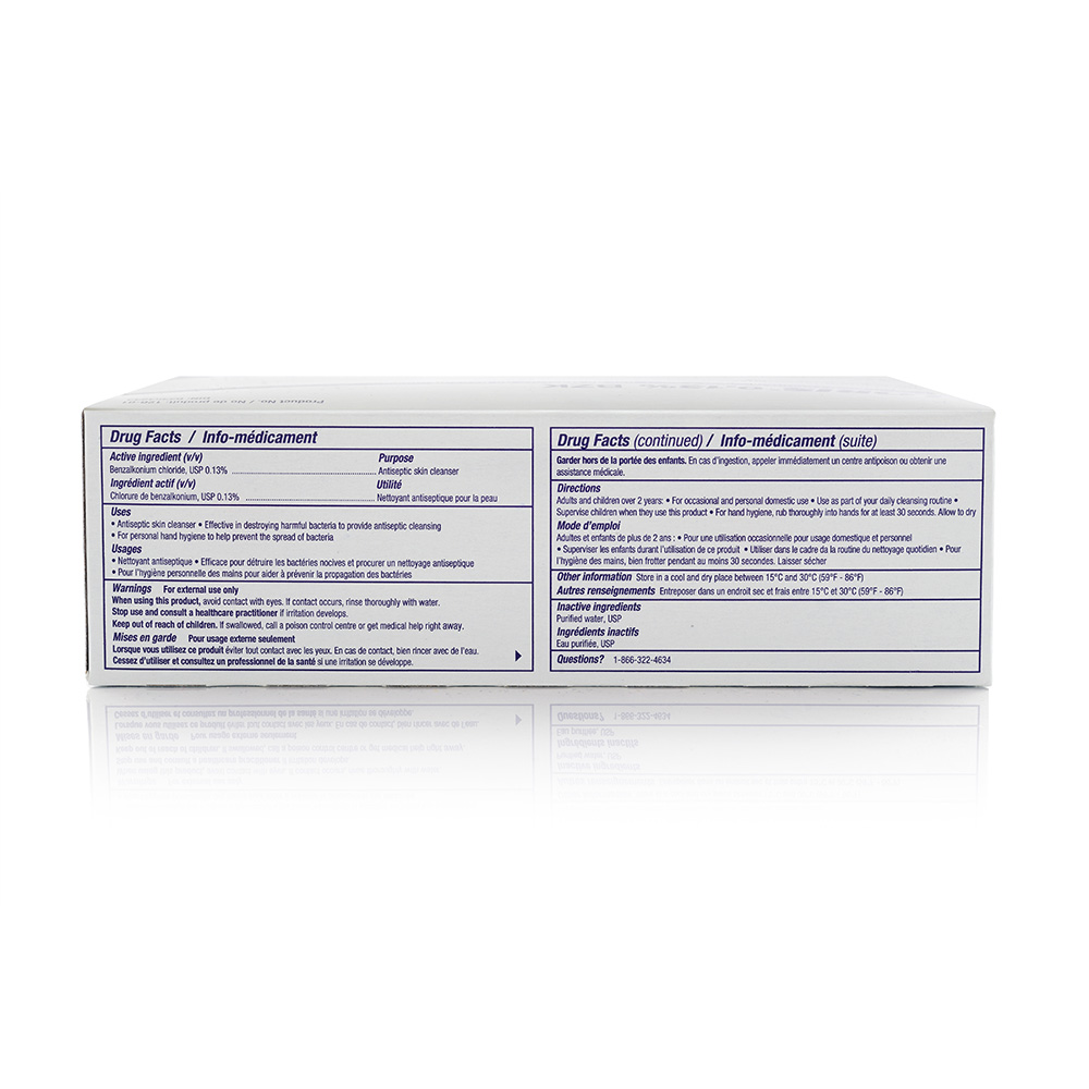 *0.13% v/v Benzalkonium Chloride, USP                                                                 
*DIN registered           
*External use only      
*Single use   
*Domestic use        
*Antiseptic skin cleanser      
*Peronal hand hygiene                                            
